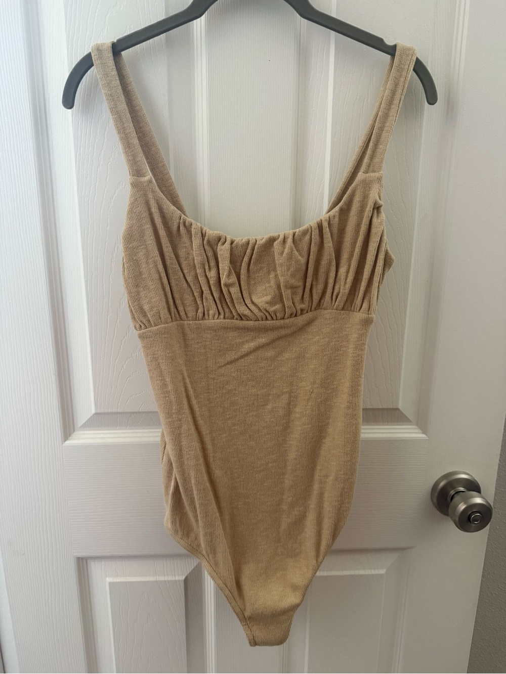 Gathered Bust Tank Bodysuit in Beige